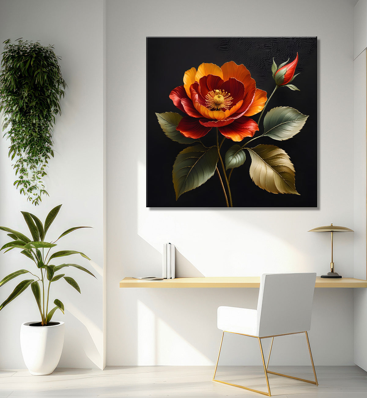 Orange flower in black textured oil painting - Flower-S-468