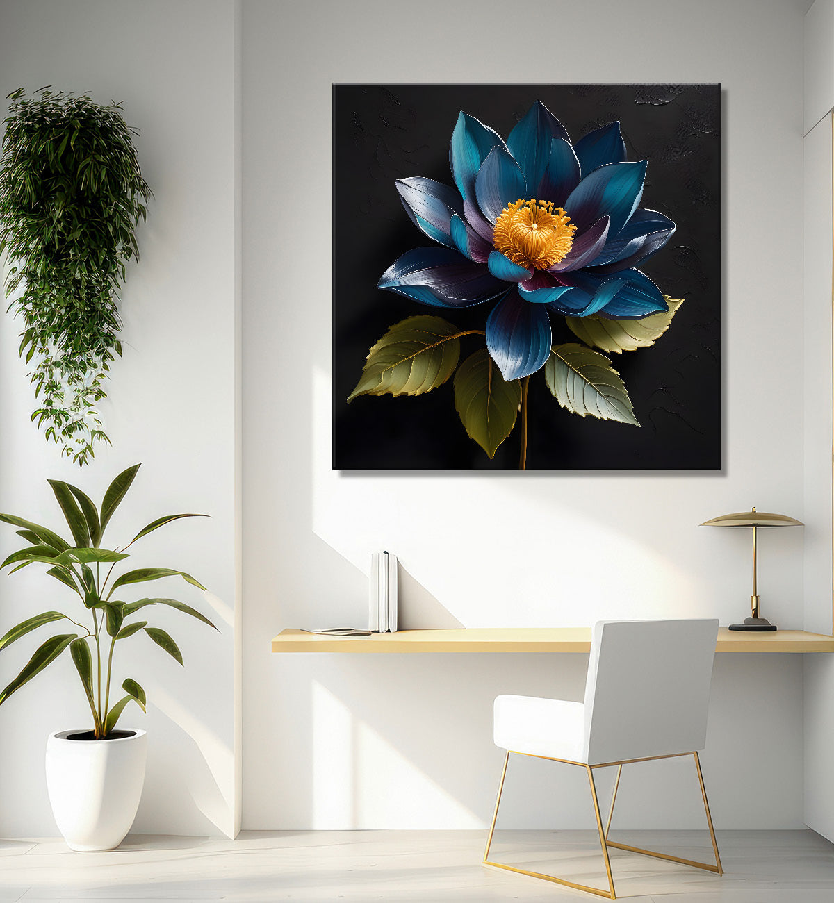 Blue flower in black textured oil painting - Flower-S-469