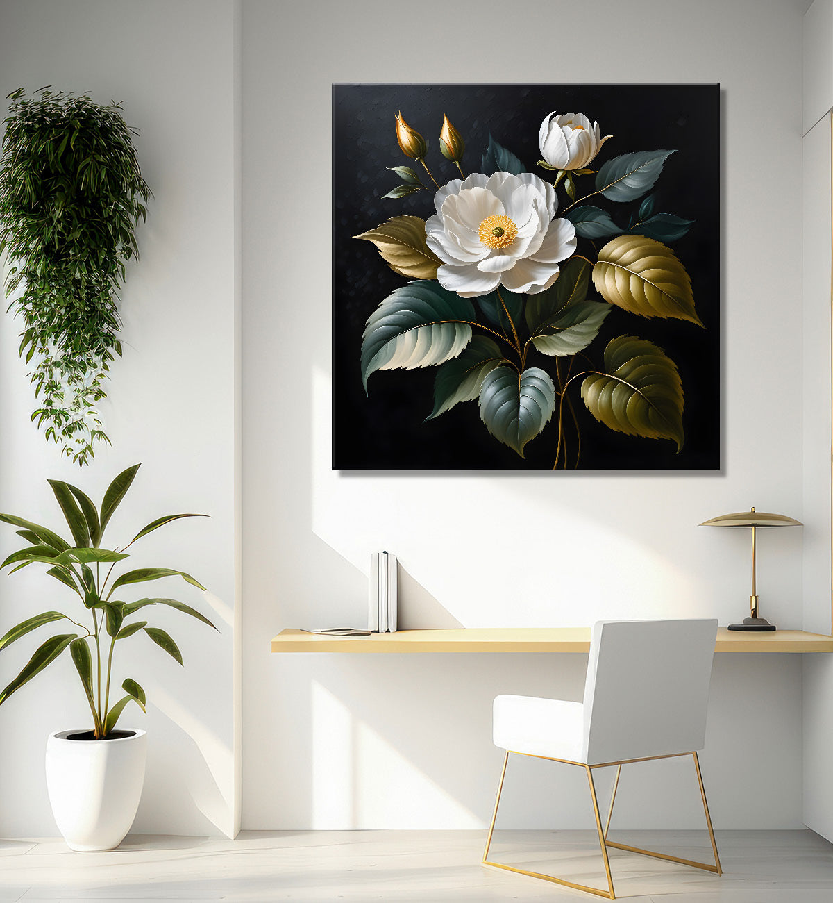 White flower in black textured oil painting - Flower-S-470