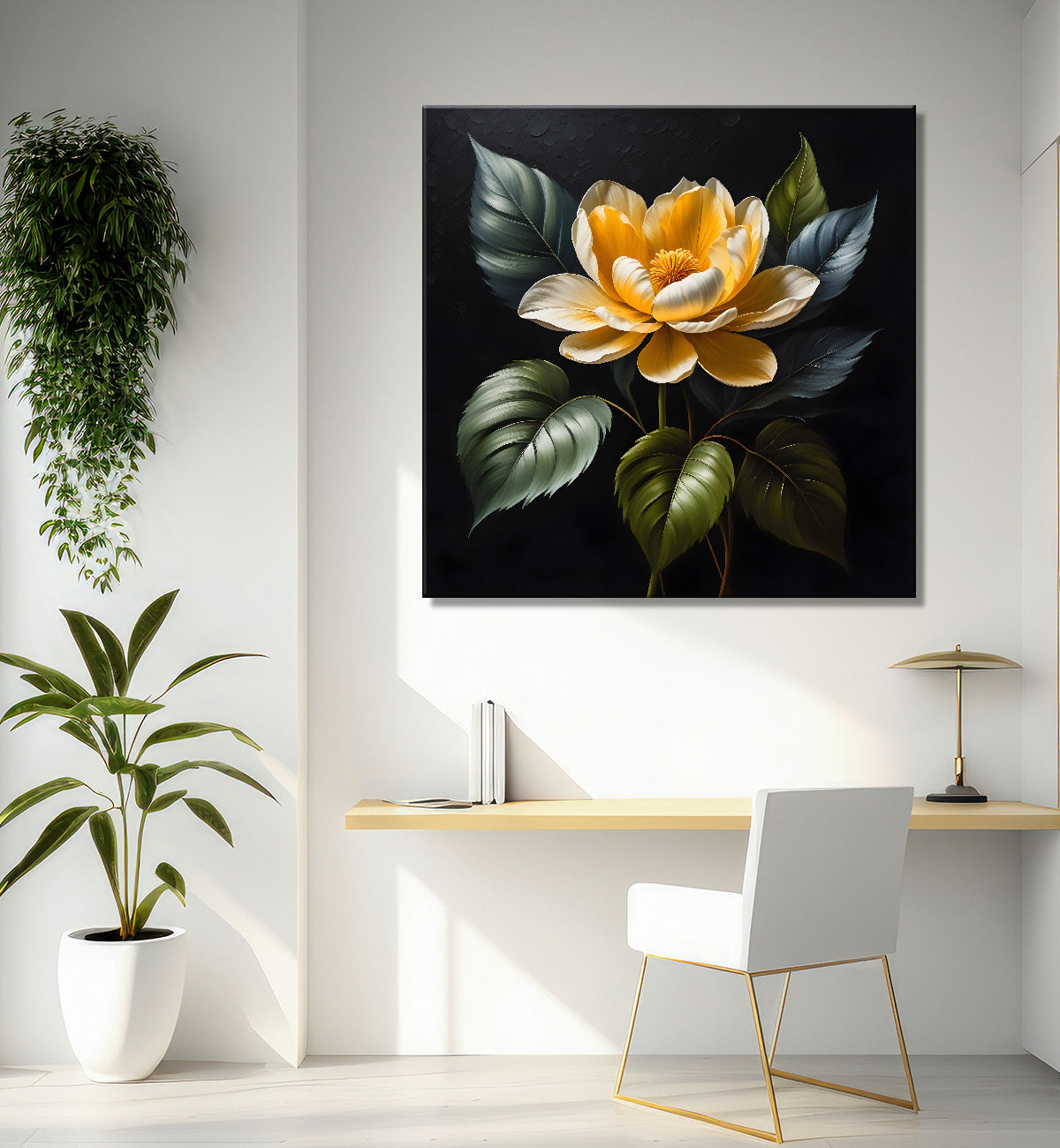 Yellow flower in black textured oil painting - Flower-S-471