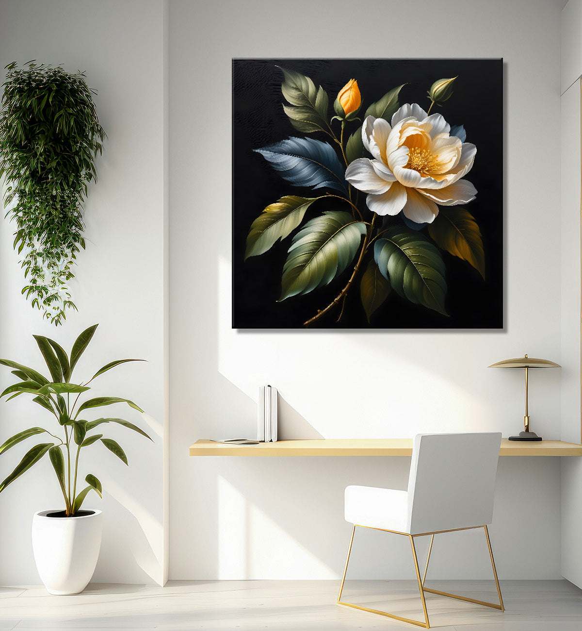 Yellow flower in black textured oil painting - Flower-S-472
