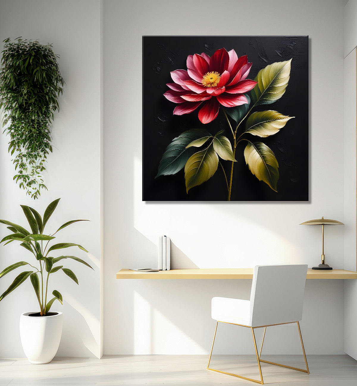 Pink flower in black textured oil painting - Flower-S-473
