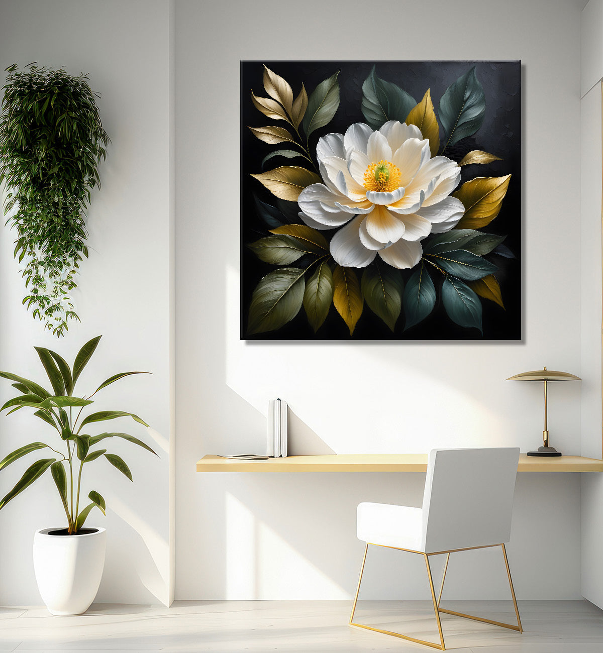 White flower in black textured oil painting - Flower-S-476