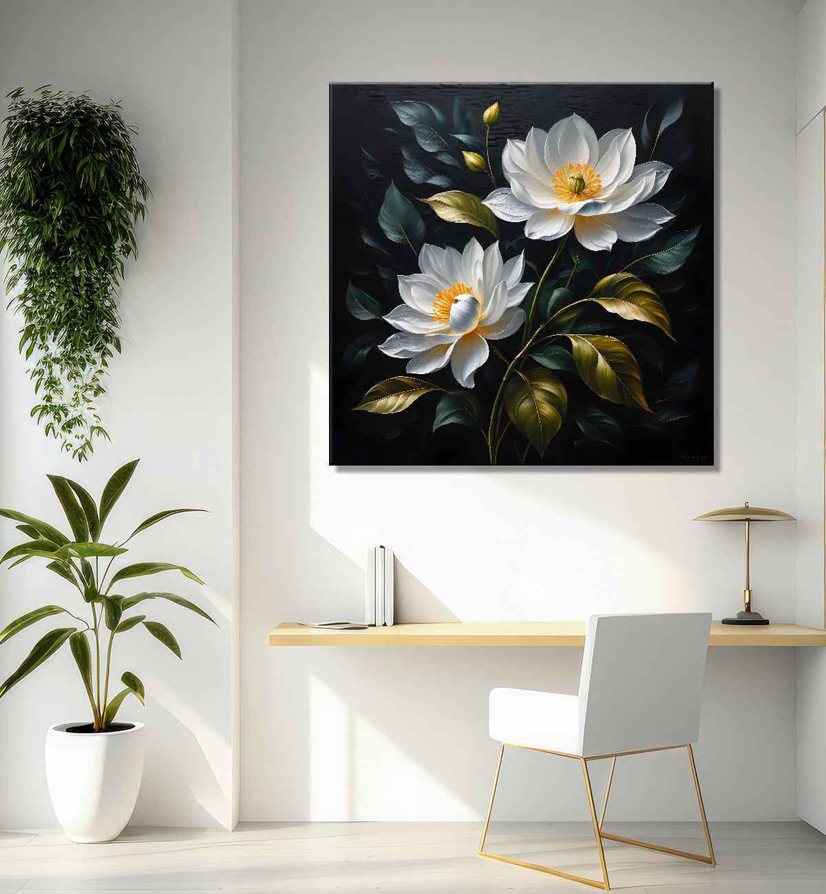 White flowers in black textured oil painting - Flower-S-477