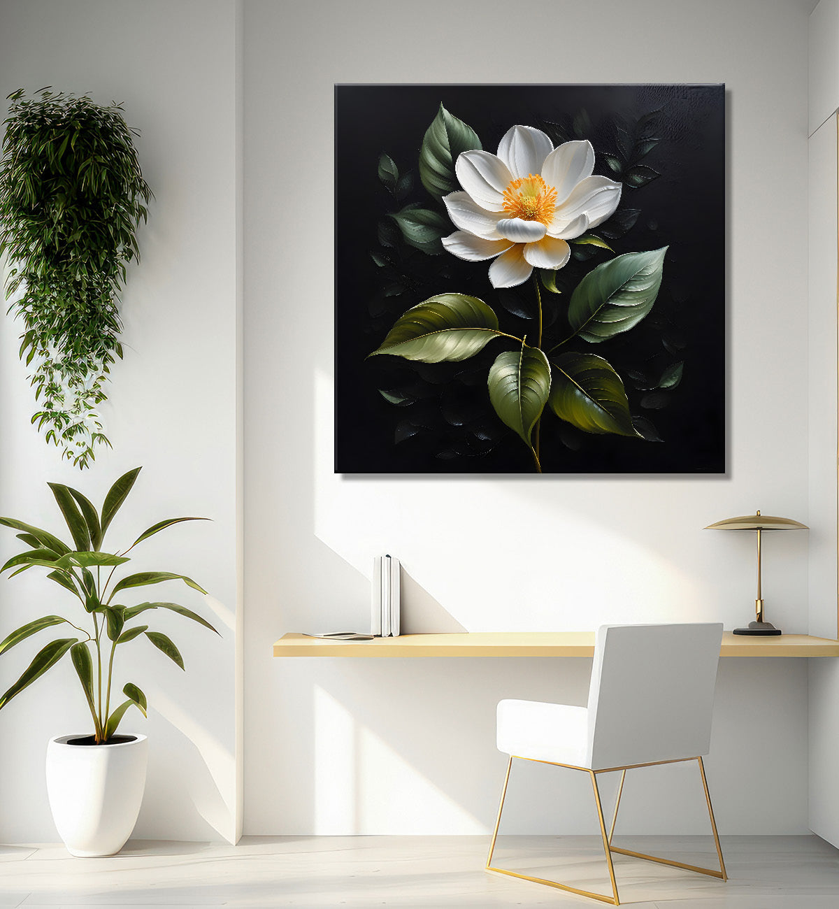 White flowers in black textured oil painting - Flower-S-478