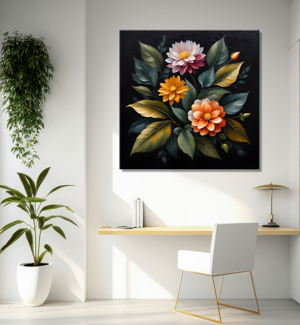 Orange and pink flowers in black textured oil painting - Flower-S-479