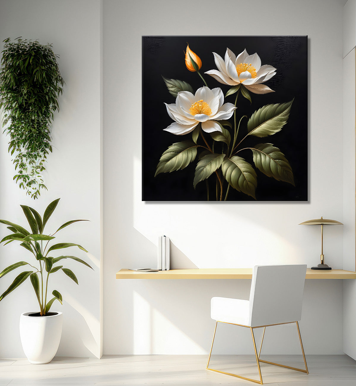 White flowers in black textured oil painting - Flower-S-481