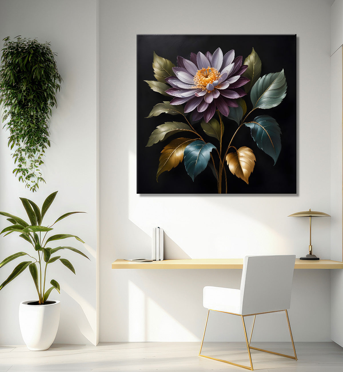 Purple flower in black textured oil painting - Flower-S-485