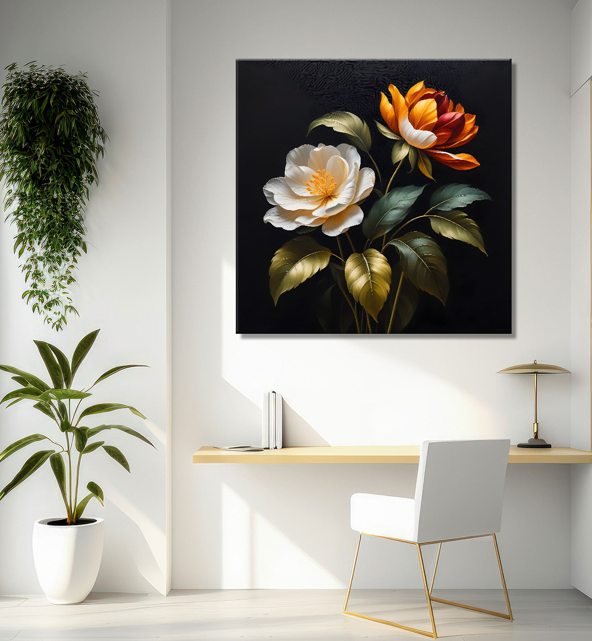 White flower in black textured oil painting - Flower-S-486