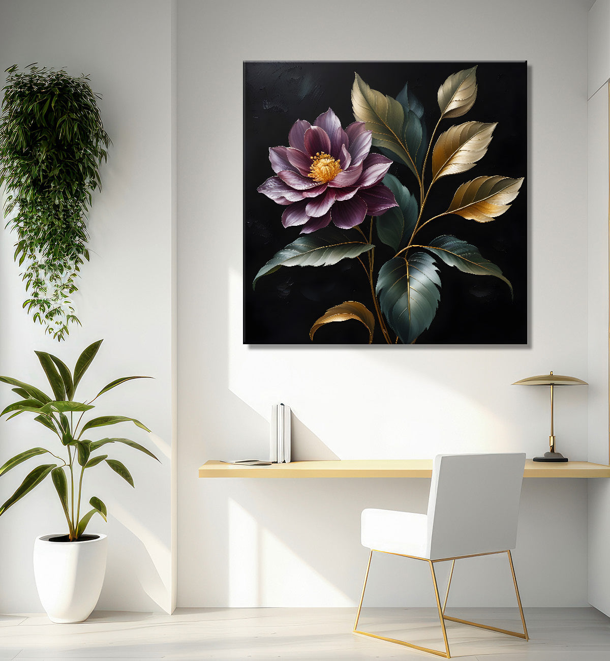 Purple flower in black textured oil painting - Flower-S-487