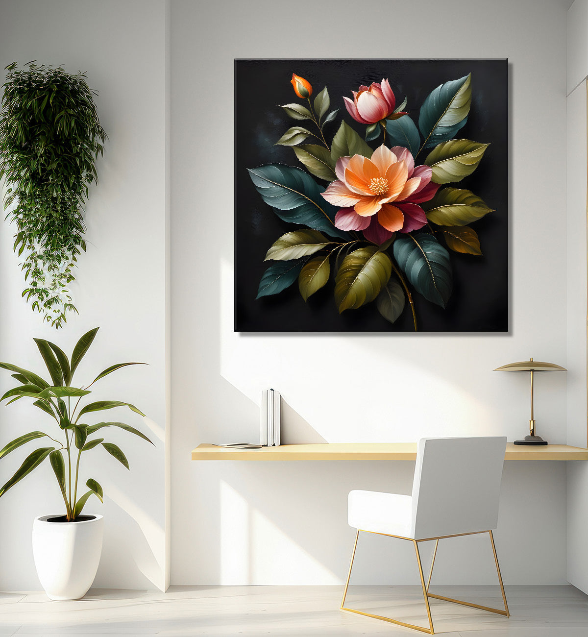 Orange flower in black textured oil painting - Flower-S-488