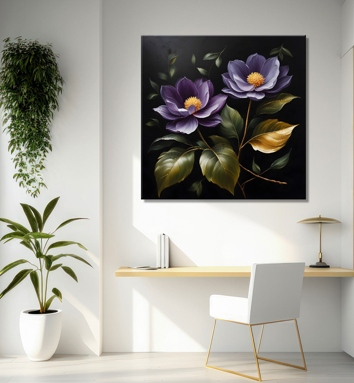 Purple flower in black textured oil painting - Flower-S-489