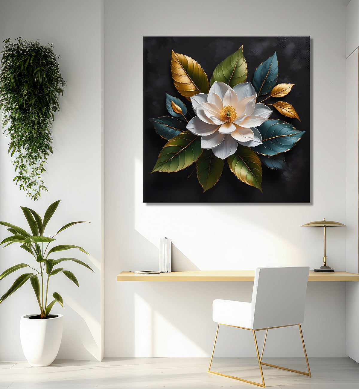 White flower in black textured oil painting - Flower-S-490