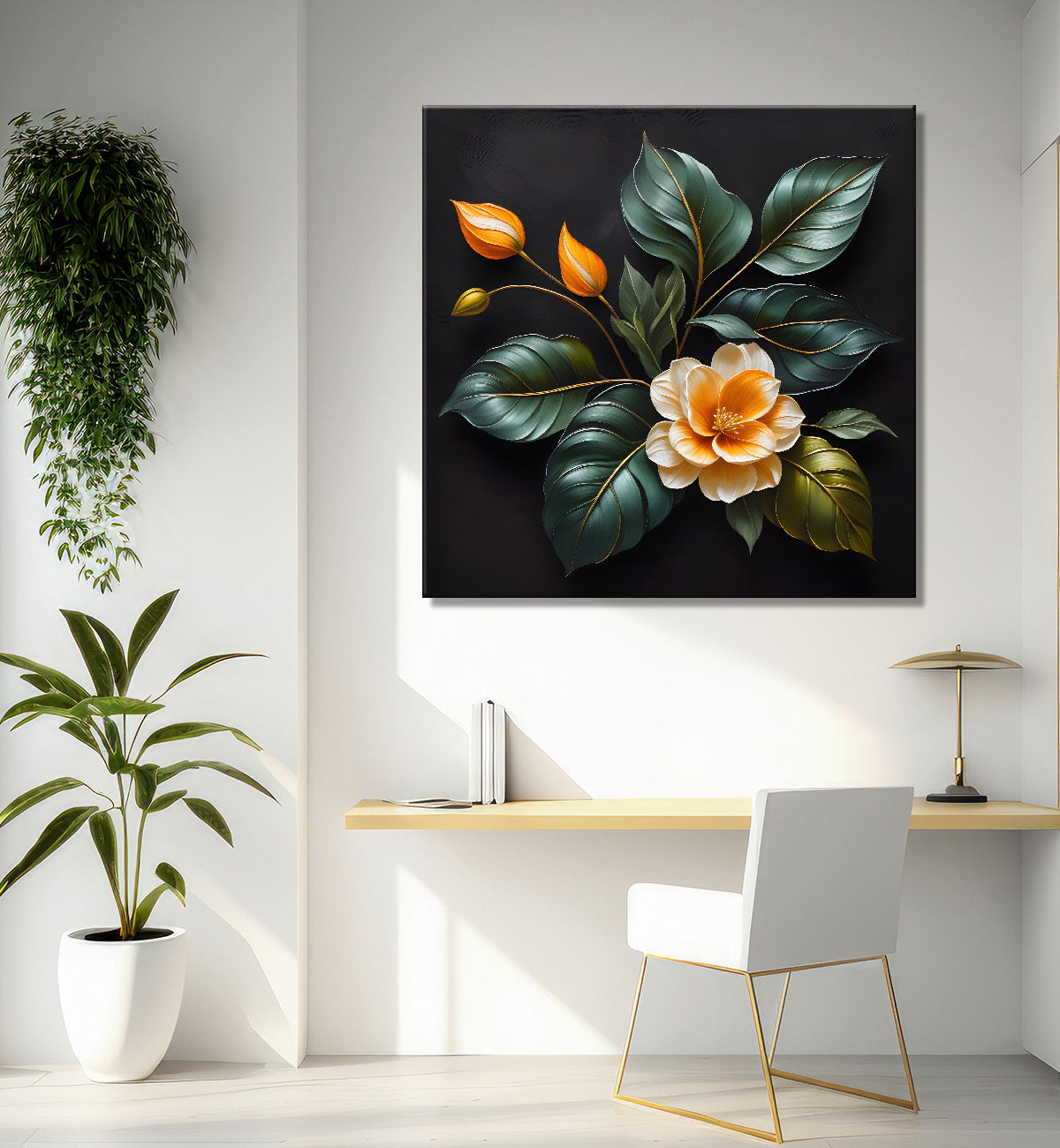 Orange flower in black textured oil painting - Flower-S-491