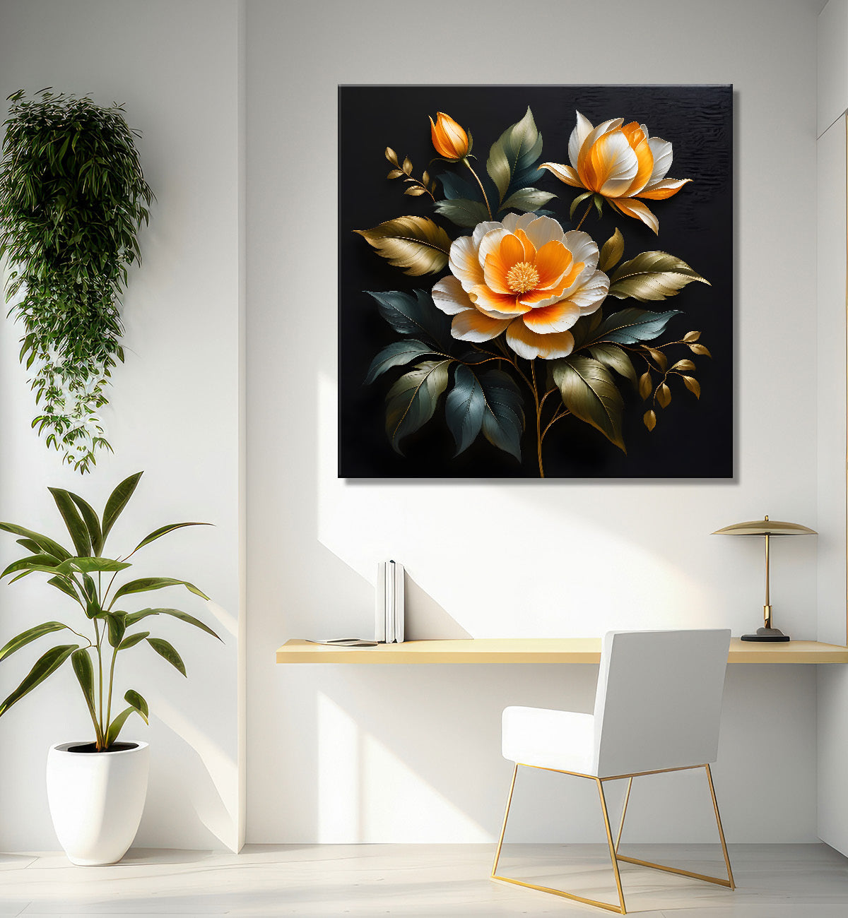 Orange flower in black textured oil painting - Flower-S-492