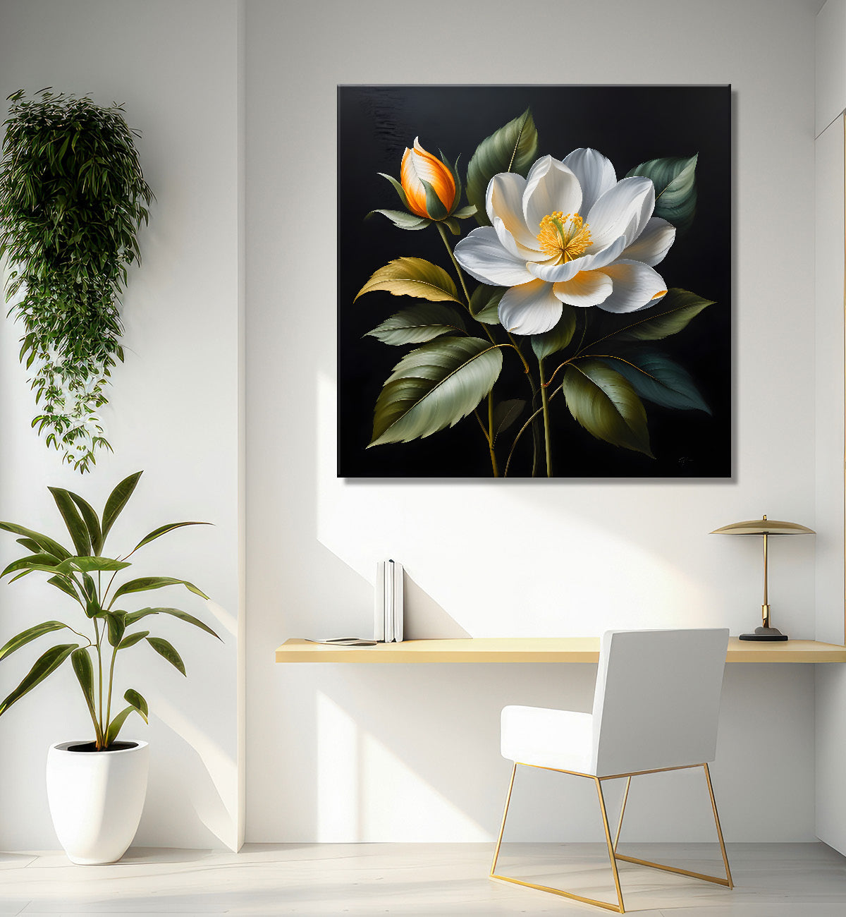 White flower in black textured oil painting  - Flower-S-494