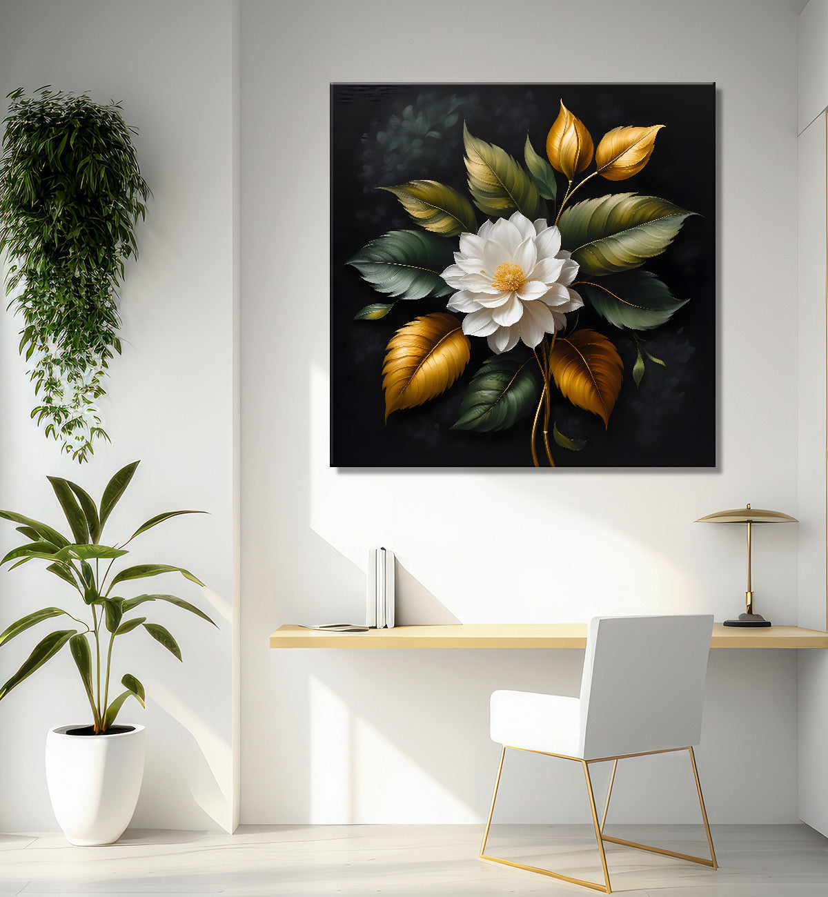 White flower in black textured oil painting - Flower-S-495