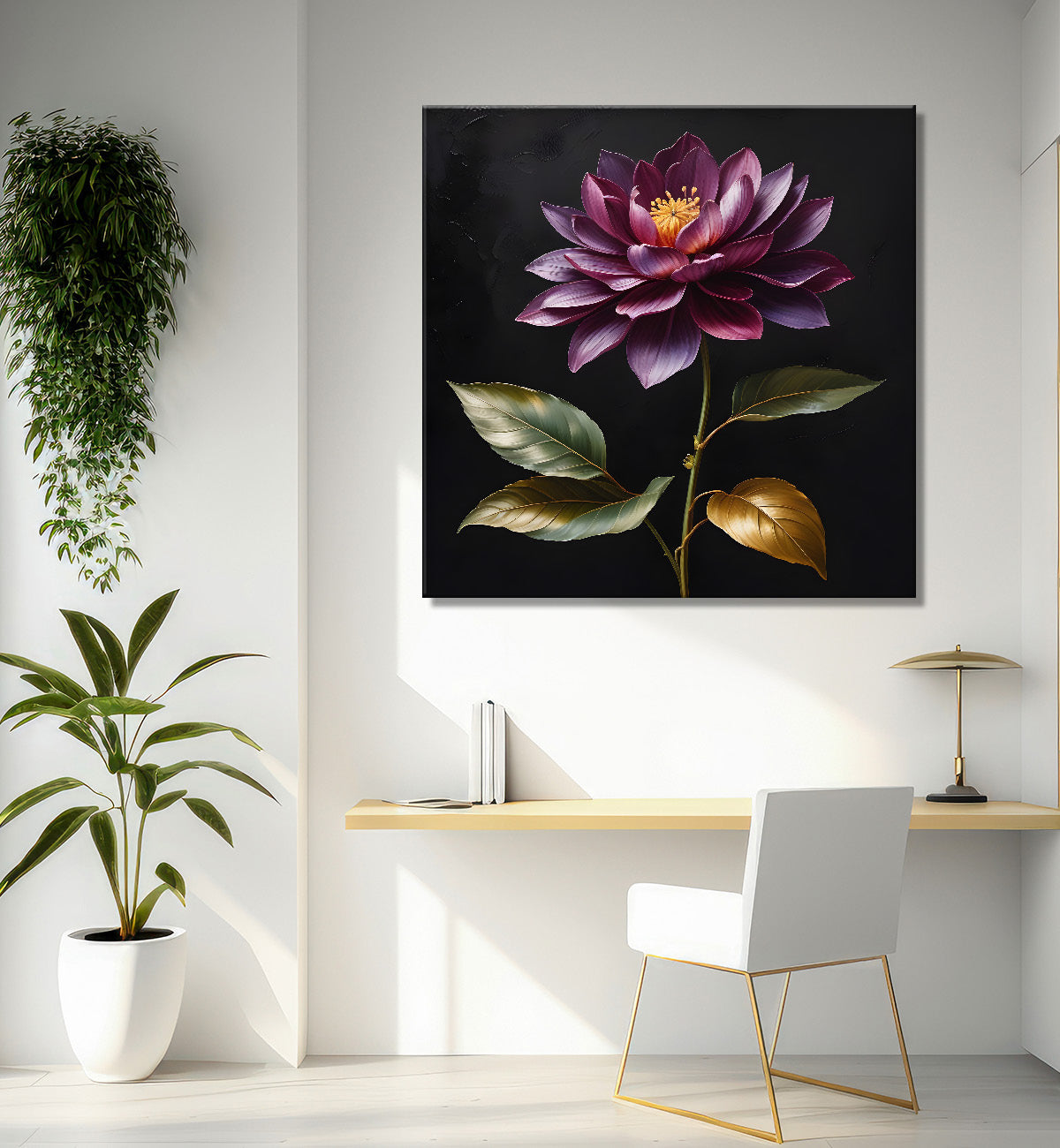 Purple flower in black textured oil painting - Flower-S-496