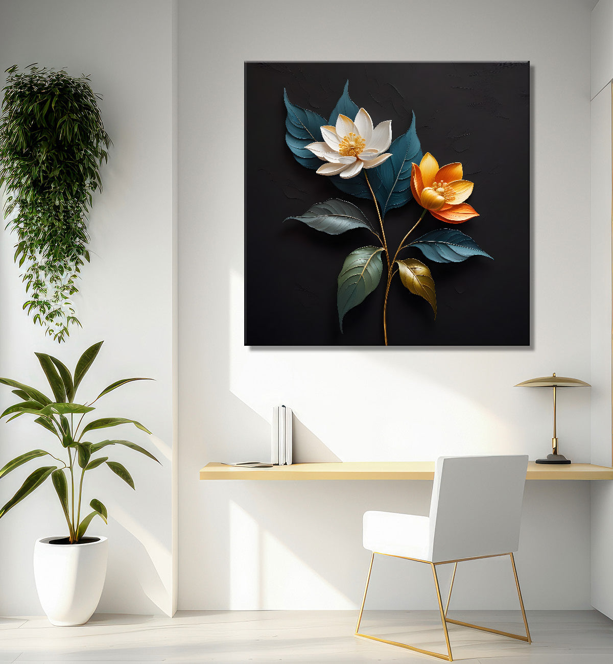White and orange flowers in black textured oil painting - Flower-S-497
