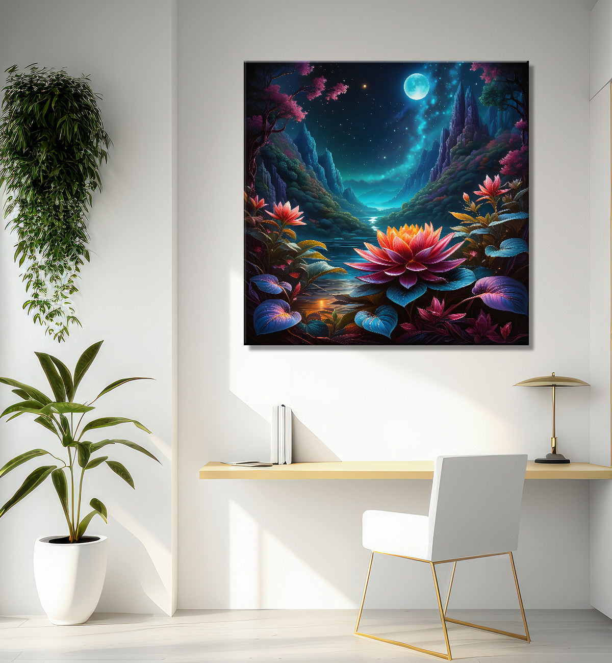 Flowers in the mountains with moon in beautiful textured painting - Flower-S-499