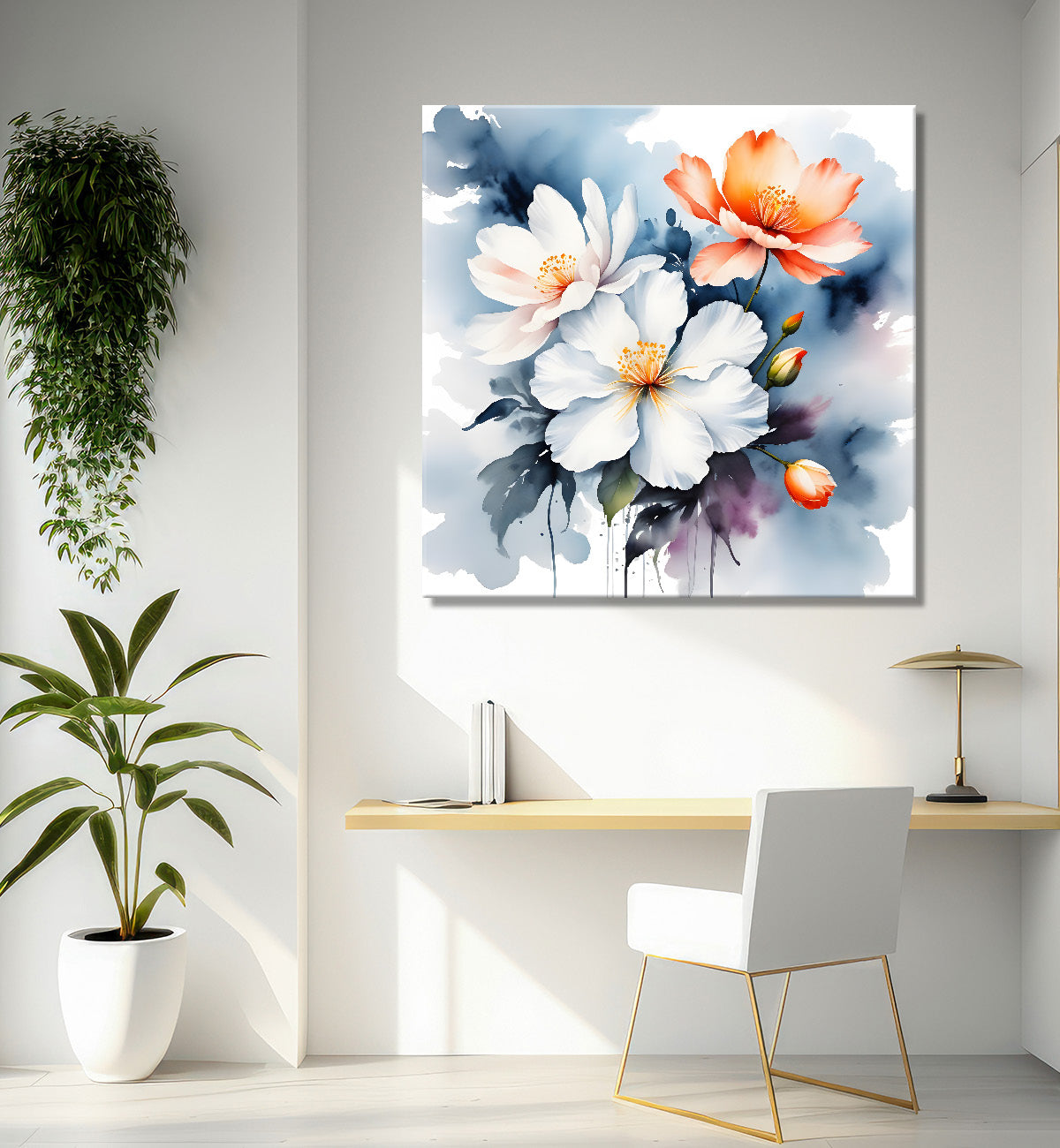 White and orange flowers in water colourful  textured painting Flower-S-505