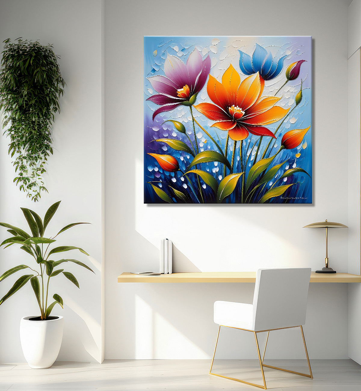Colourful flower in blue textured painting Flower-S-506
