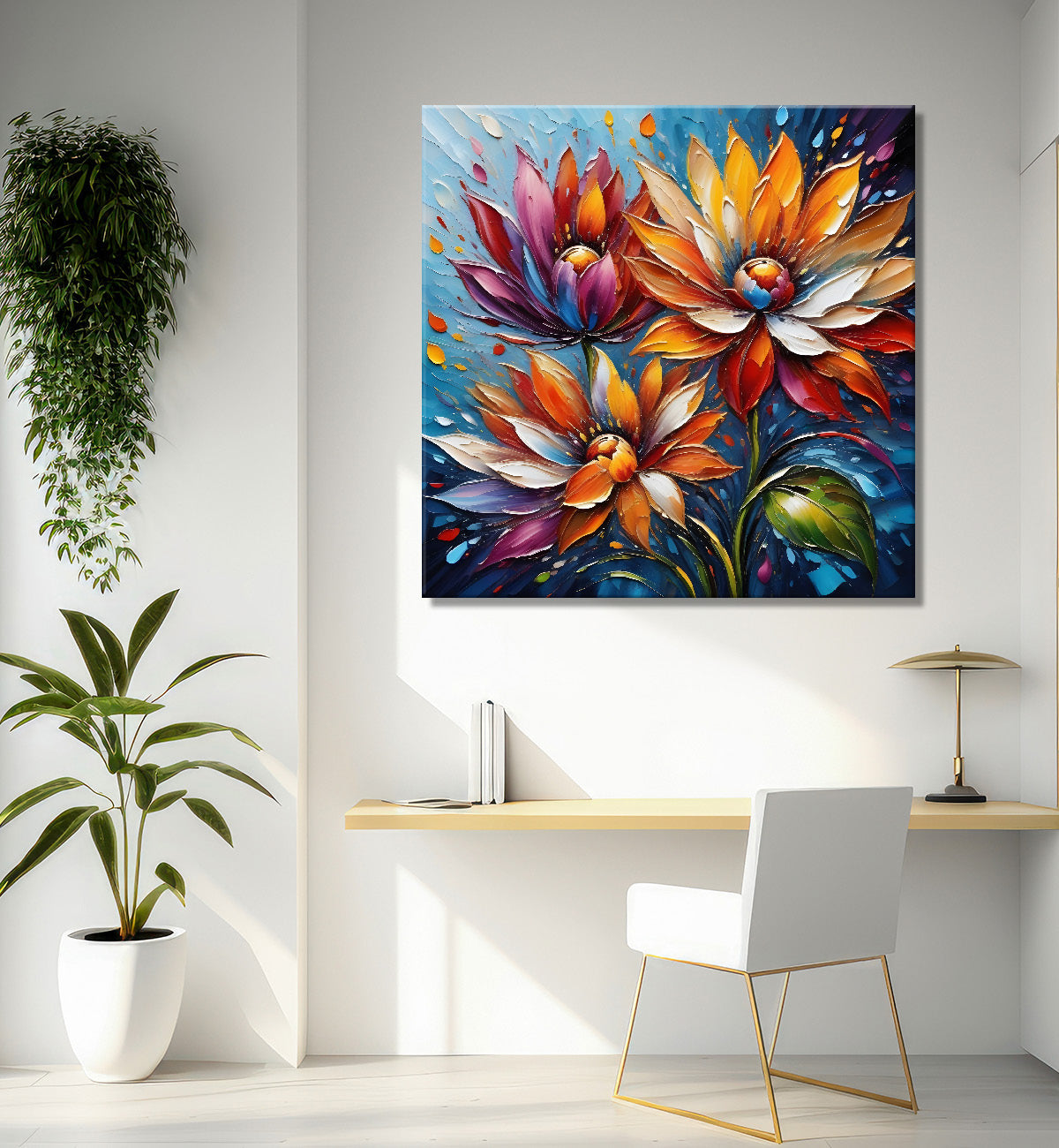 Colourful flower in blue textured painting Flower-S-508