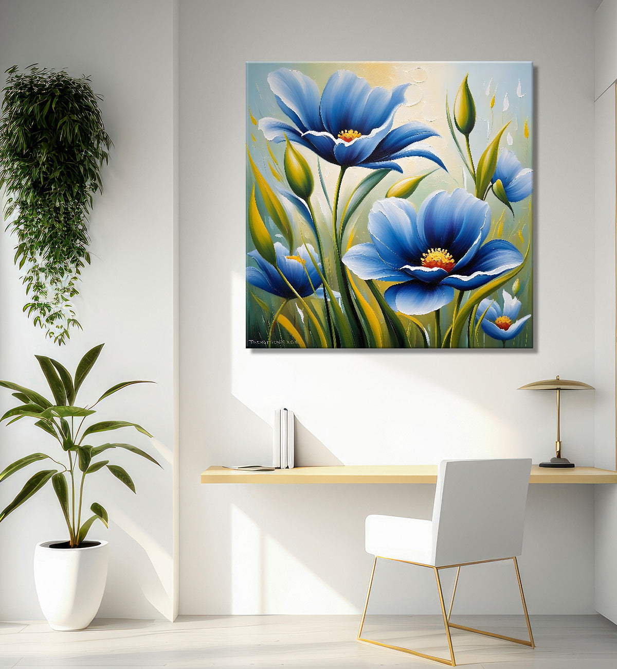 Blue flower in green textured painting Flower-S-509