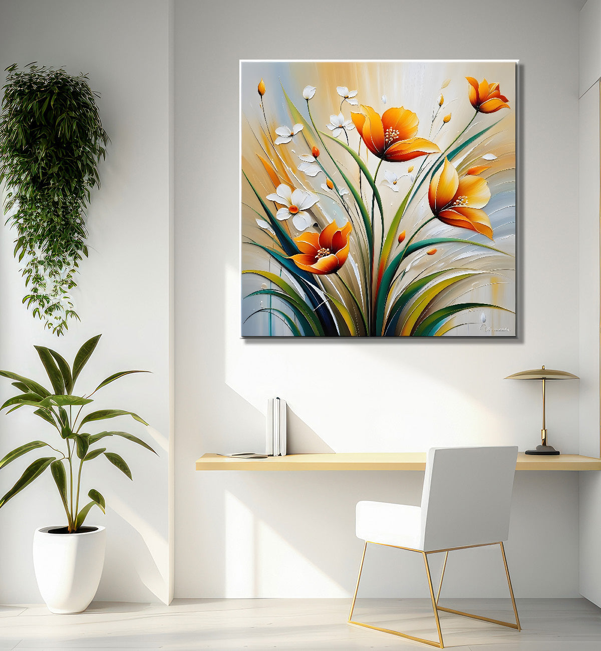 Orange flower in grey textured painting Flower-S-511