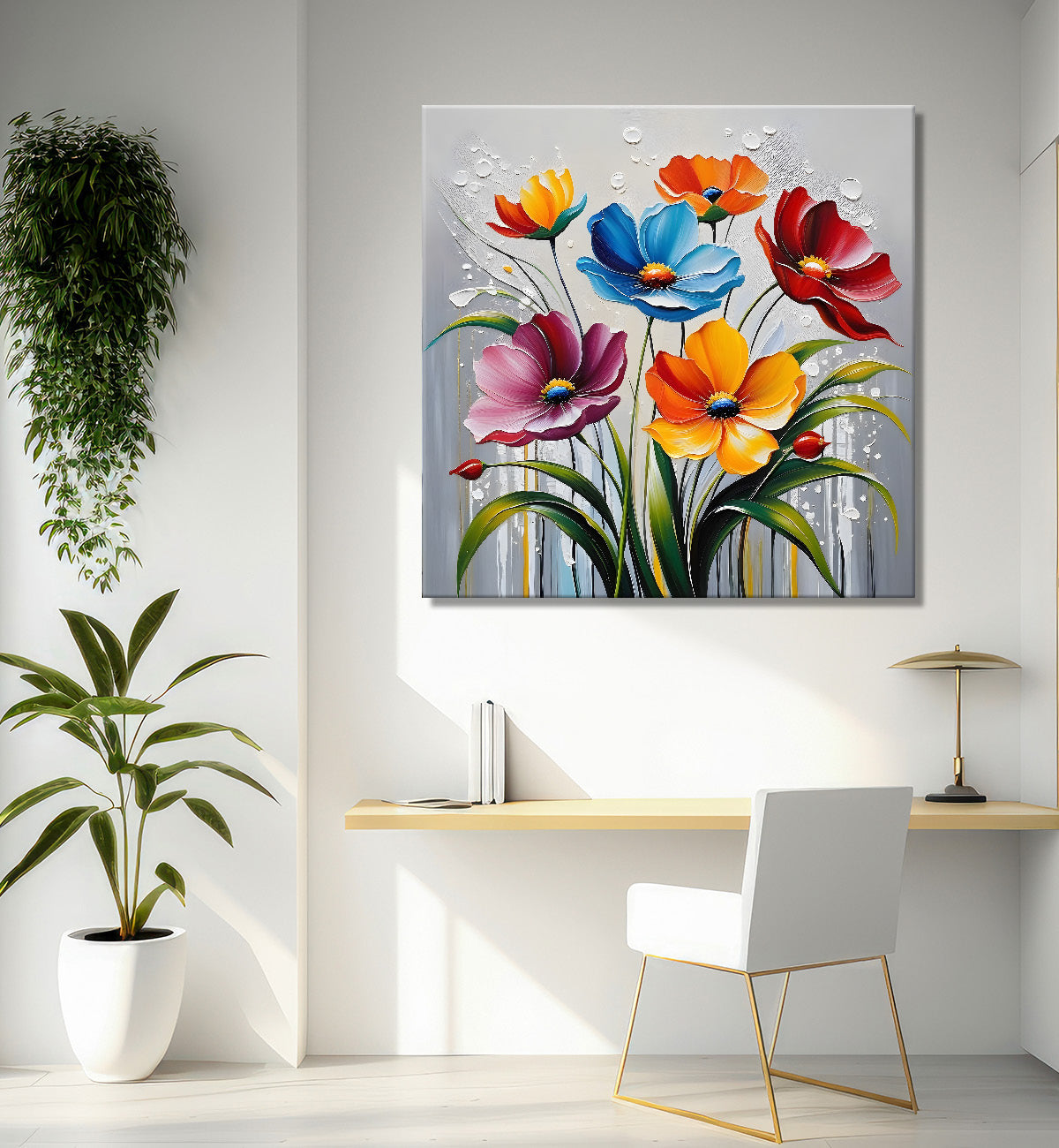 Colourful flower in blue textured painting Flower-S-512