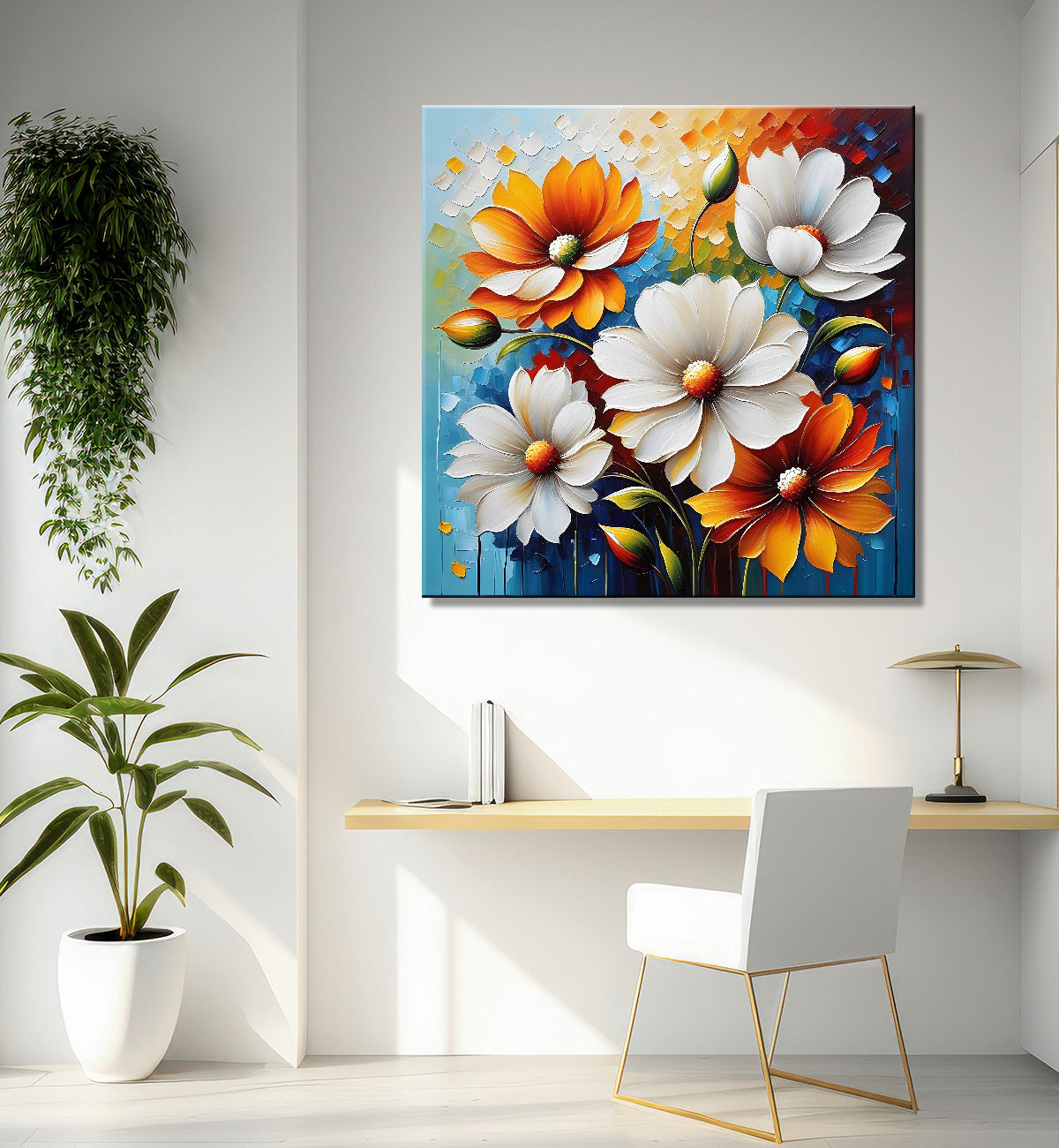 Colourful flower in blue textured painting Flower-S-514