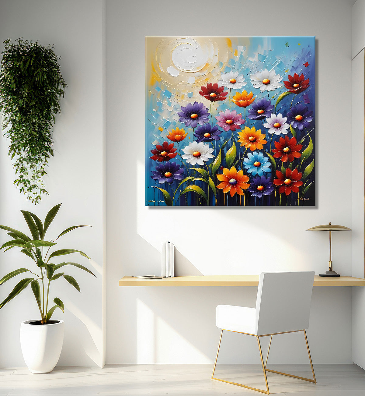 Colourful flower in blue textured painting Flower-S-515