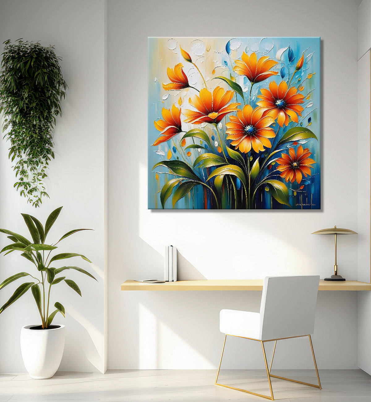 Orange flower in blue textured painting Flower-S-517