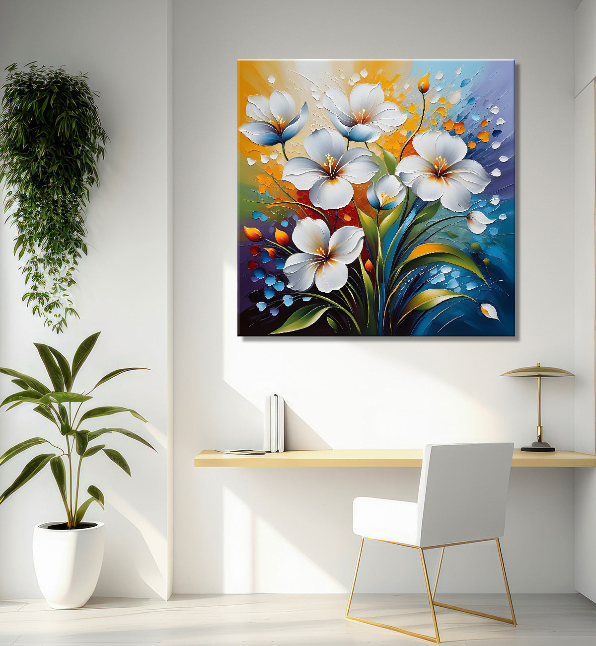 White flower in purple textured  painting Flower-S-518