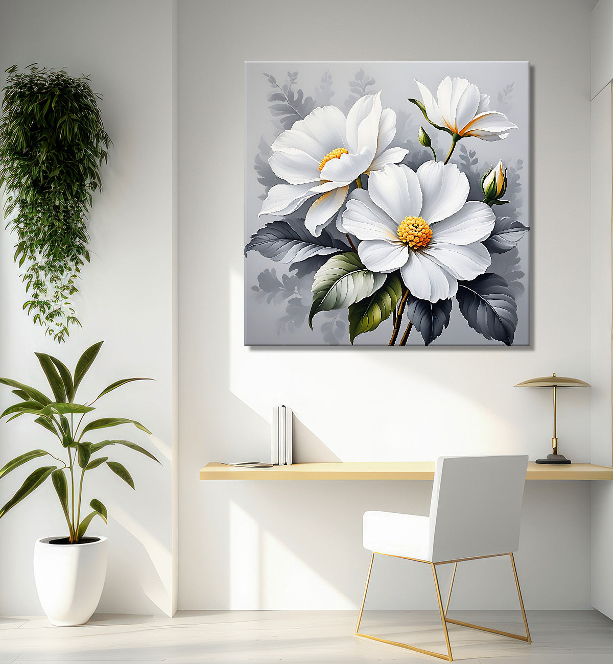 White flower in grey textured  painting Flower-S-519
