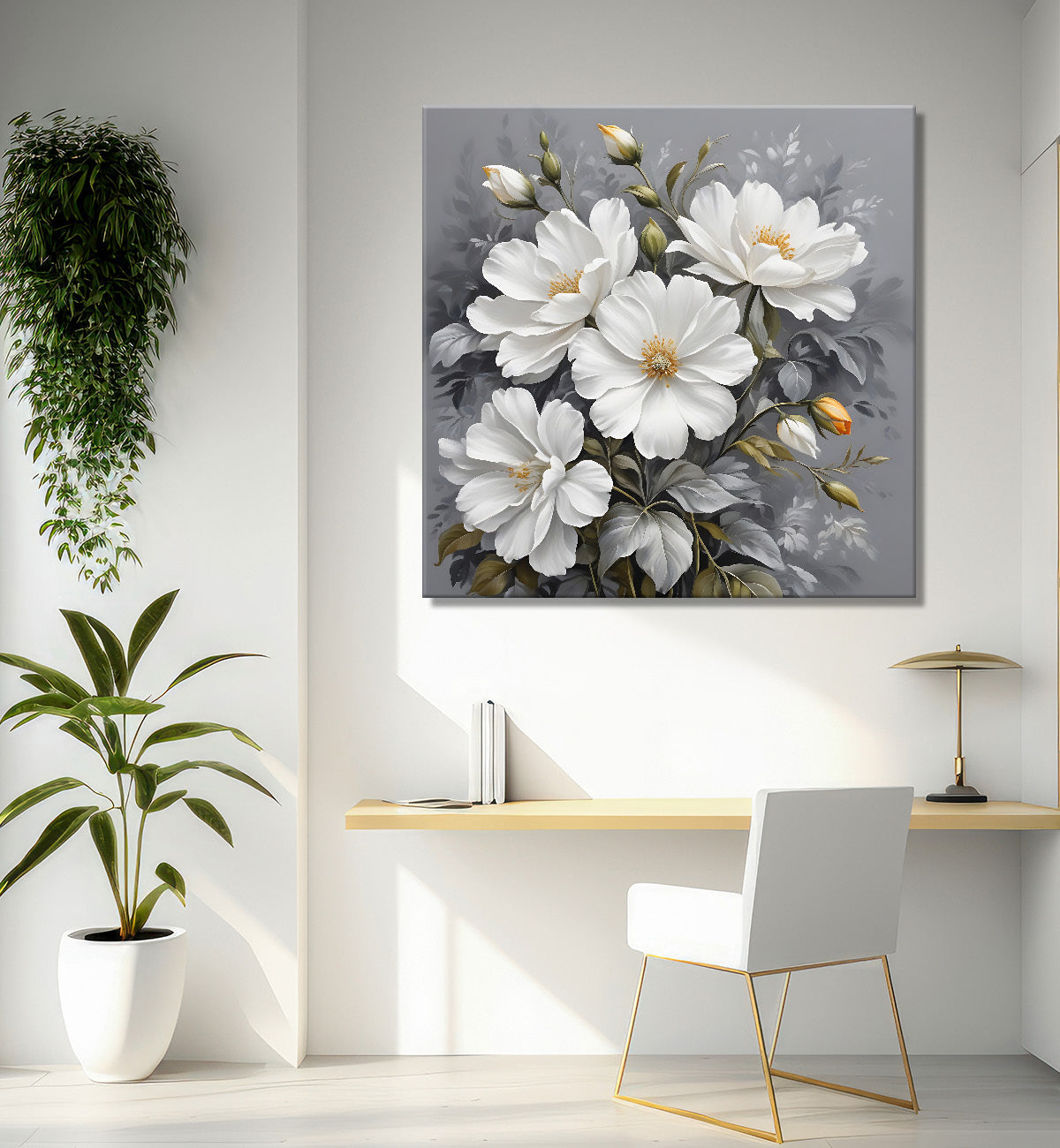 White flower in grey textured  painting Flower-S-520