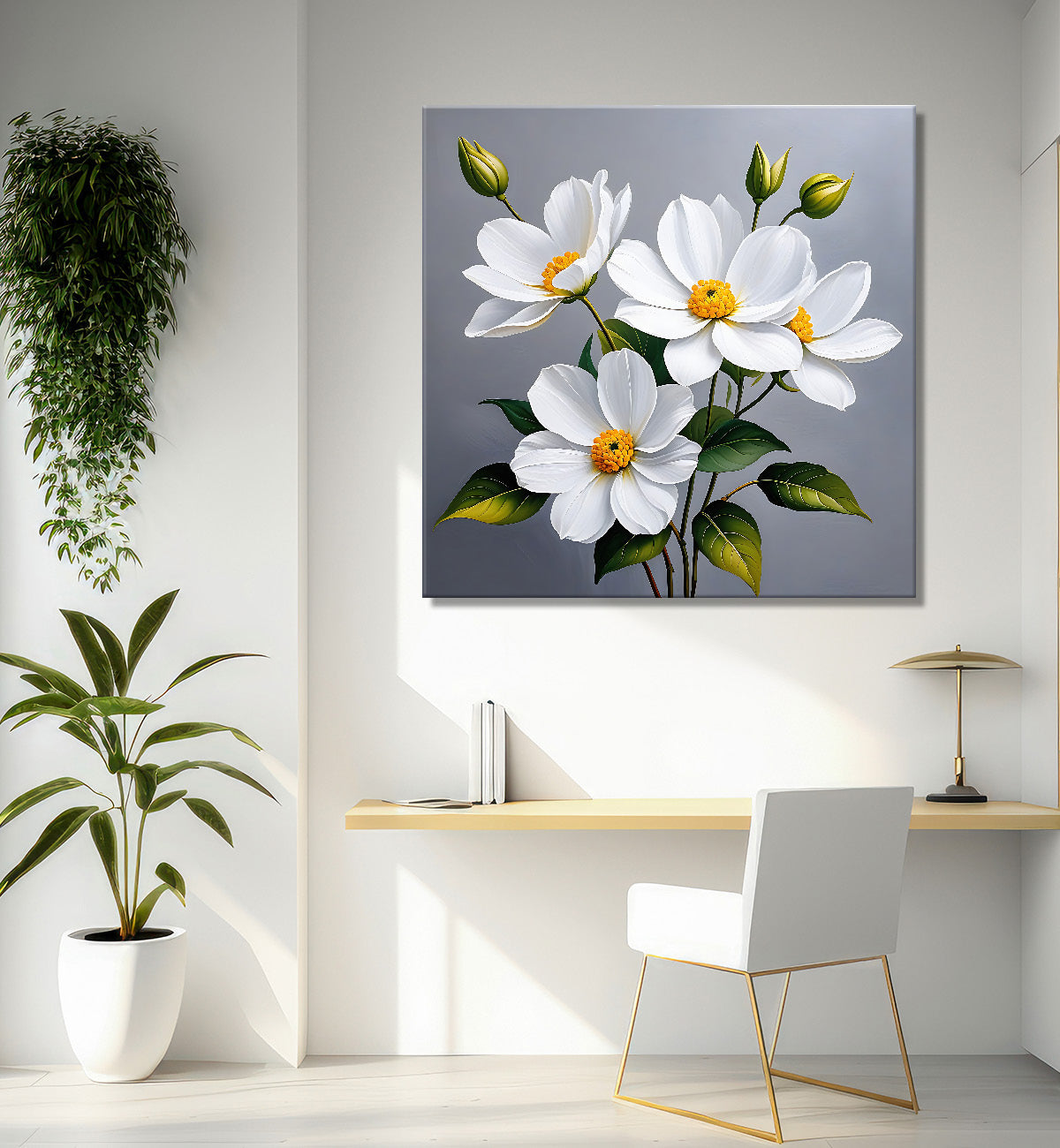White flower in grey textured  painting Flower-S-521