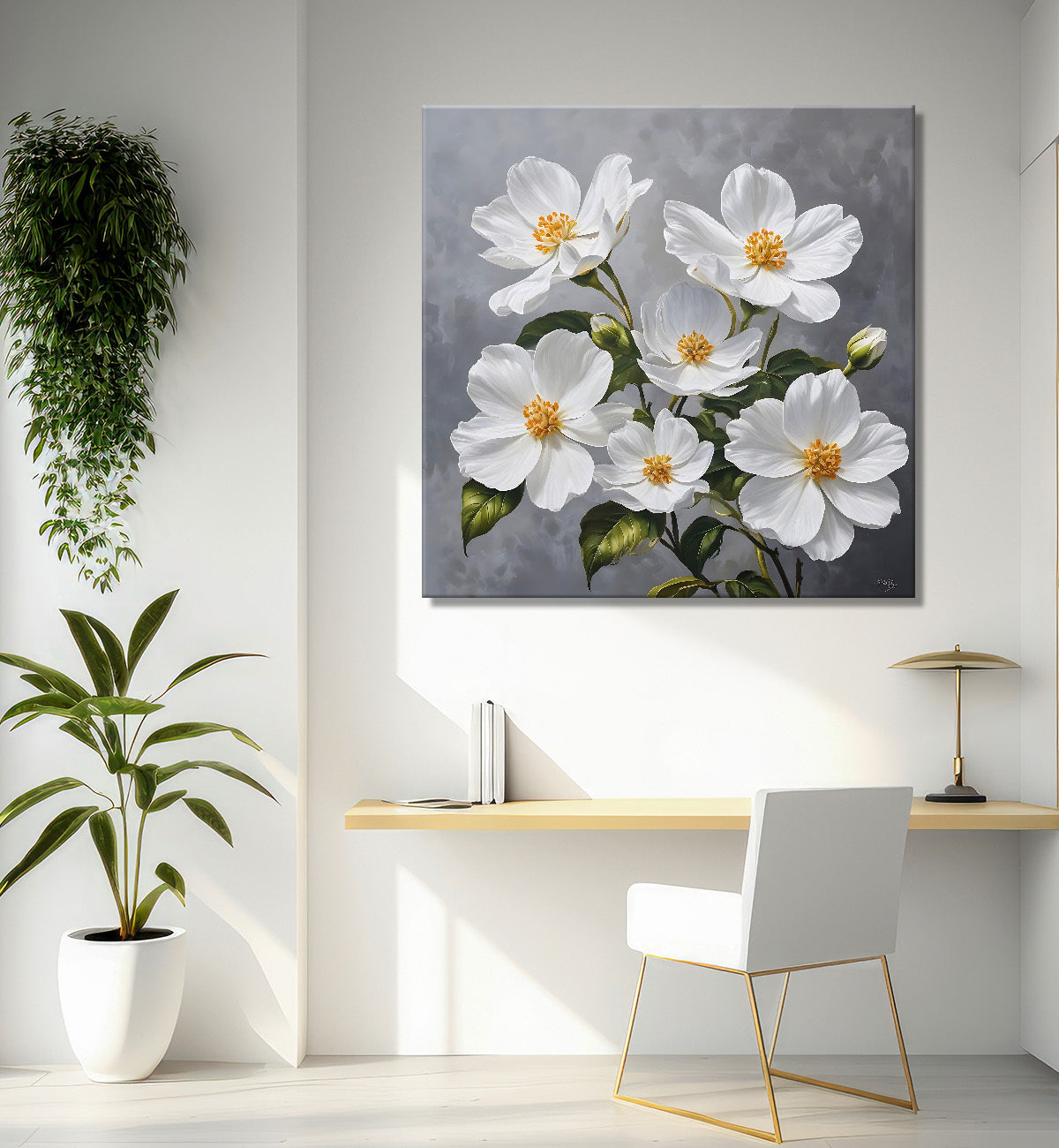 White flower in grey textured  painting Flower-S-522