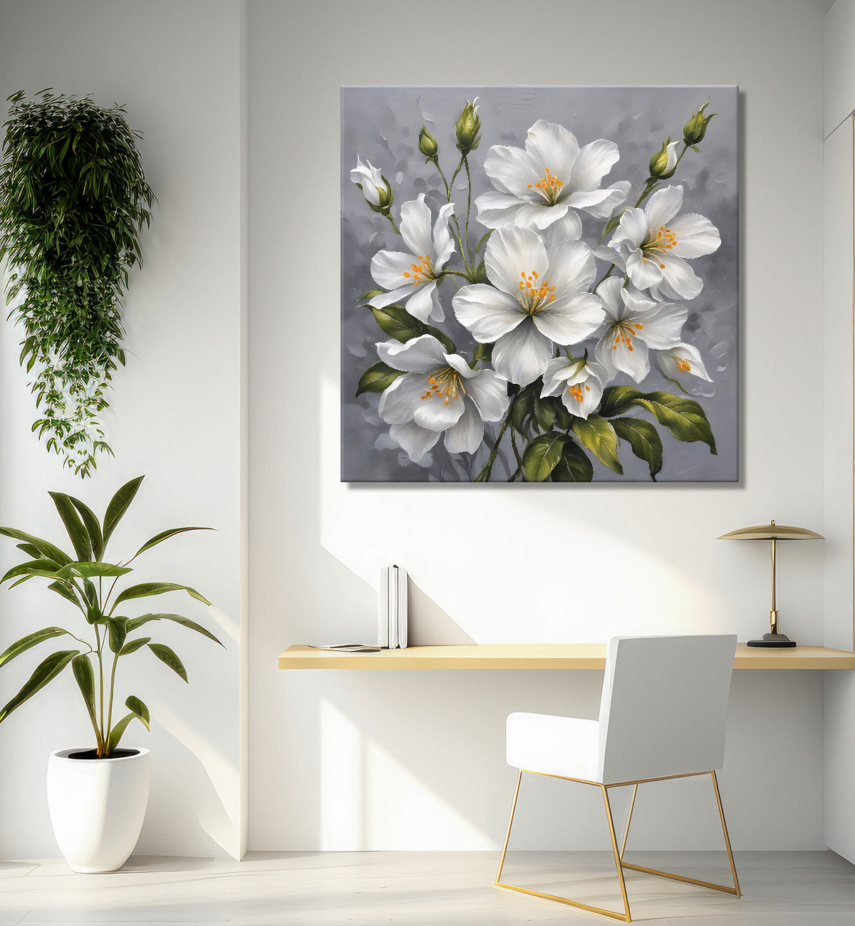 White flower in grey textured  painting Flower-S-523