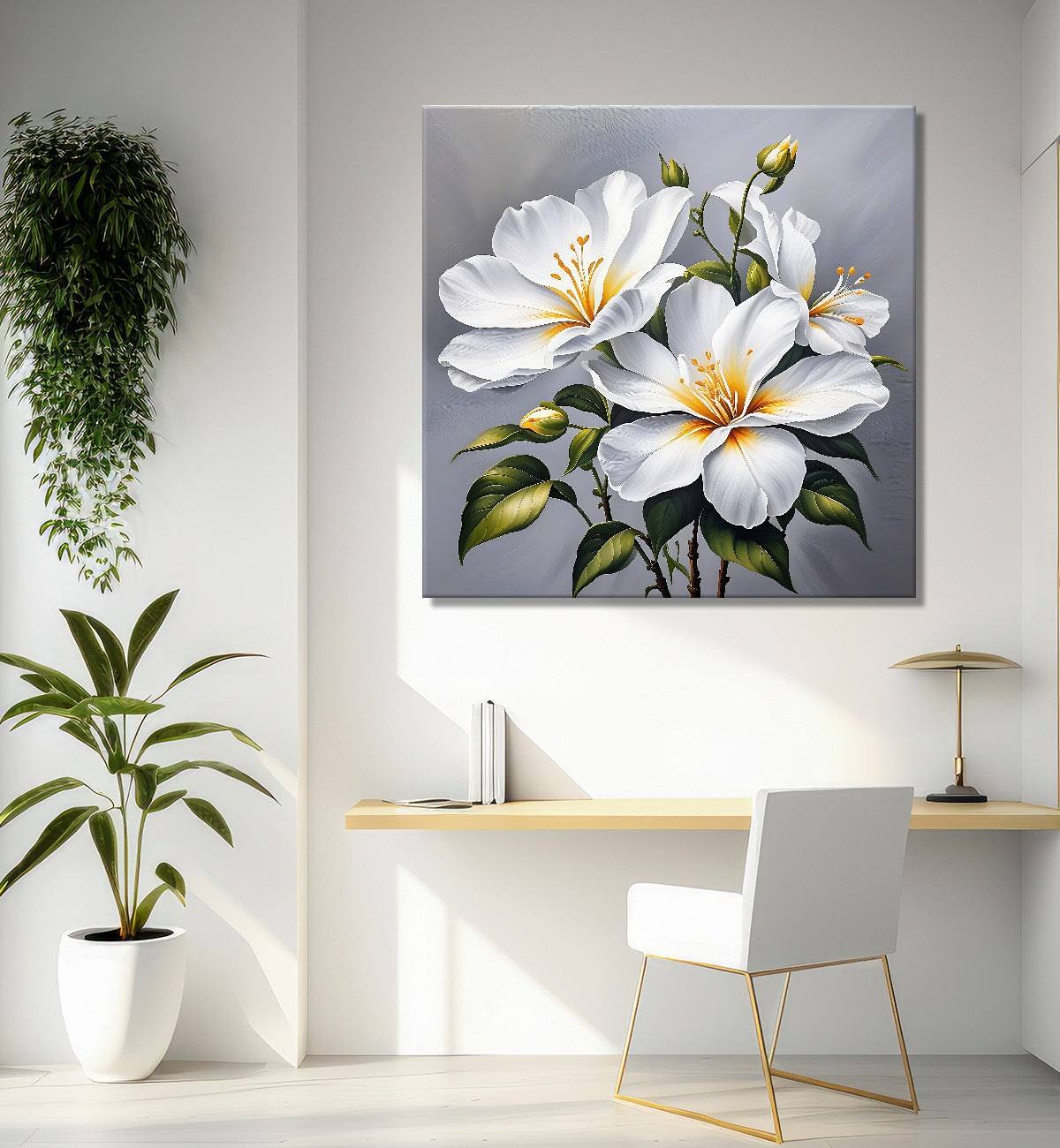 White flower in grey textured  painting Flower-S-524