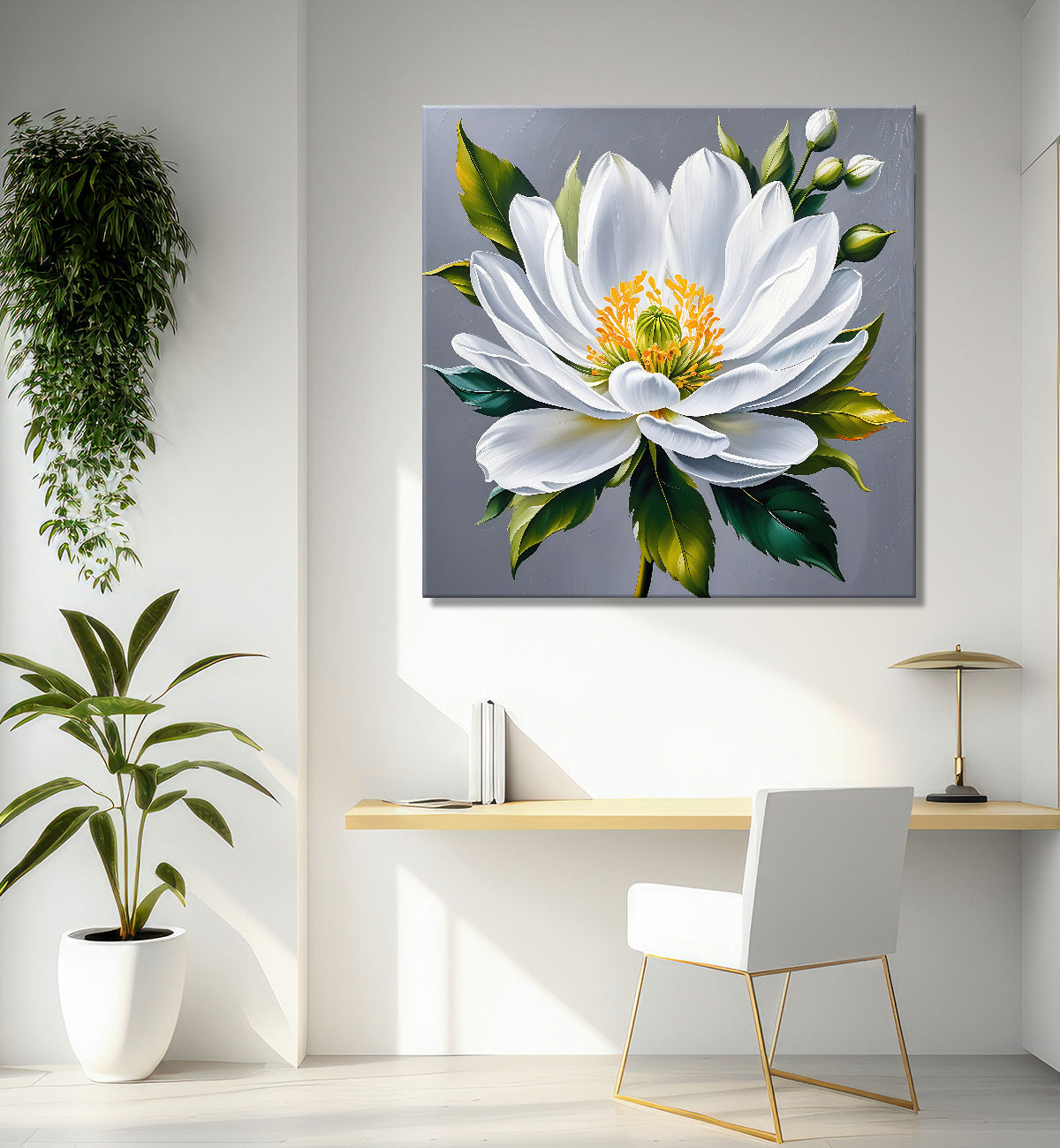 White flower in grey textured  painting Flower-S-525