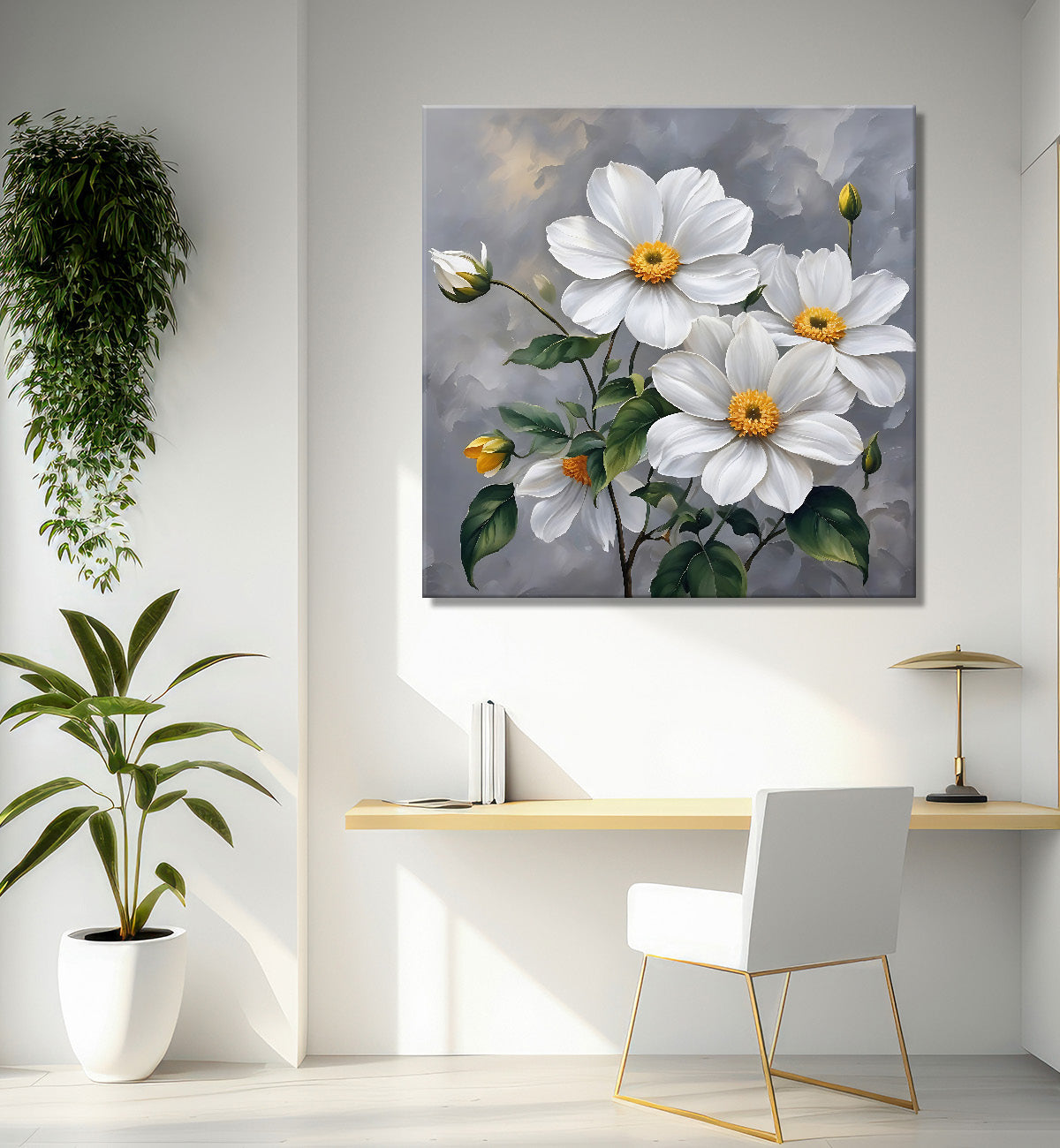 White flower in grey textured  painting Flower-S-526