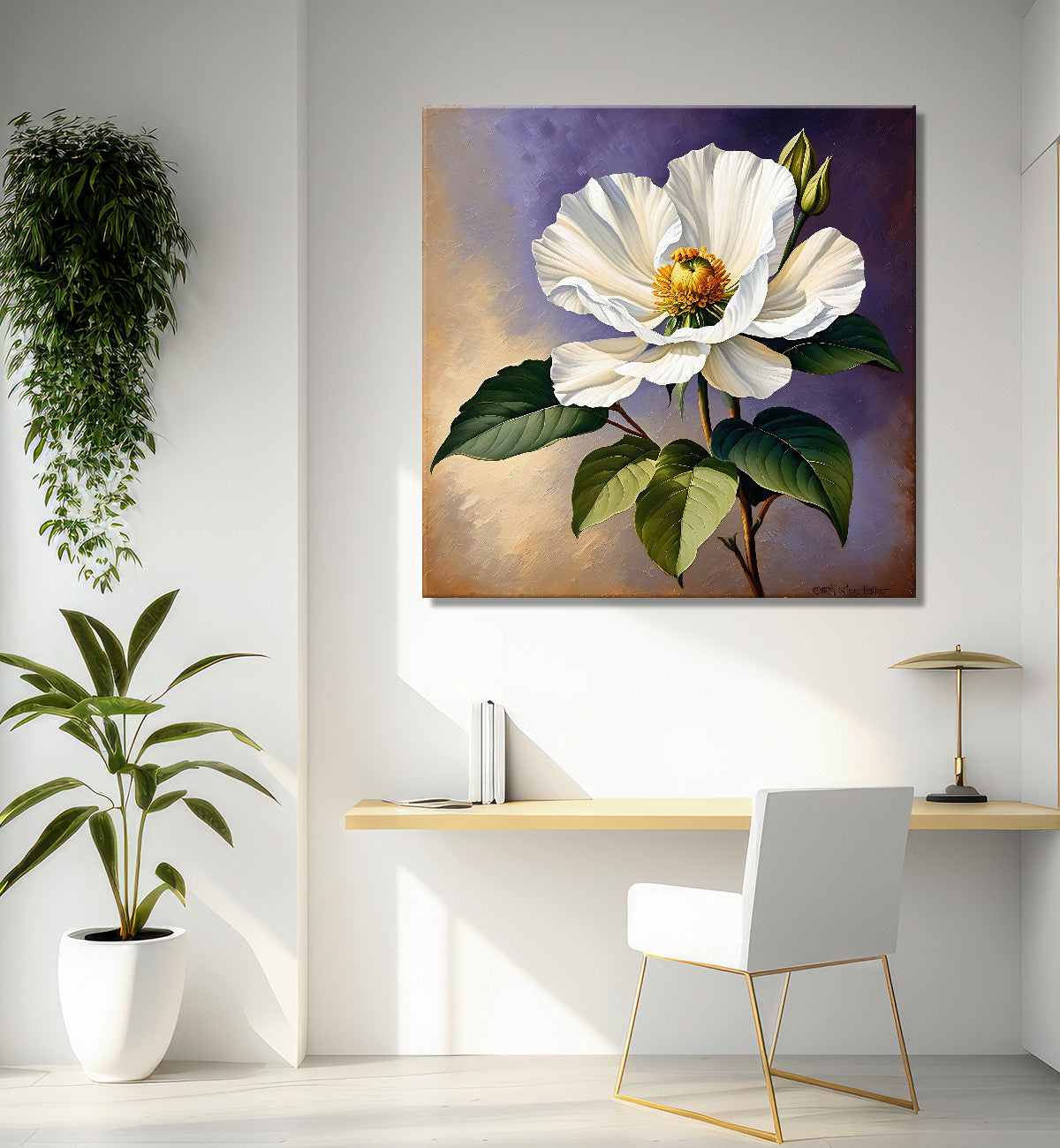 White flowers in purple textured painting Flower-S-532