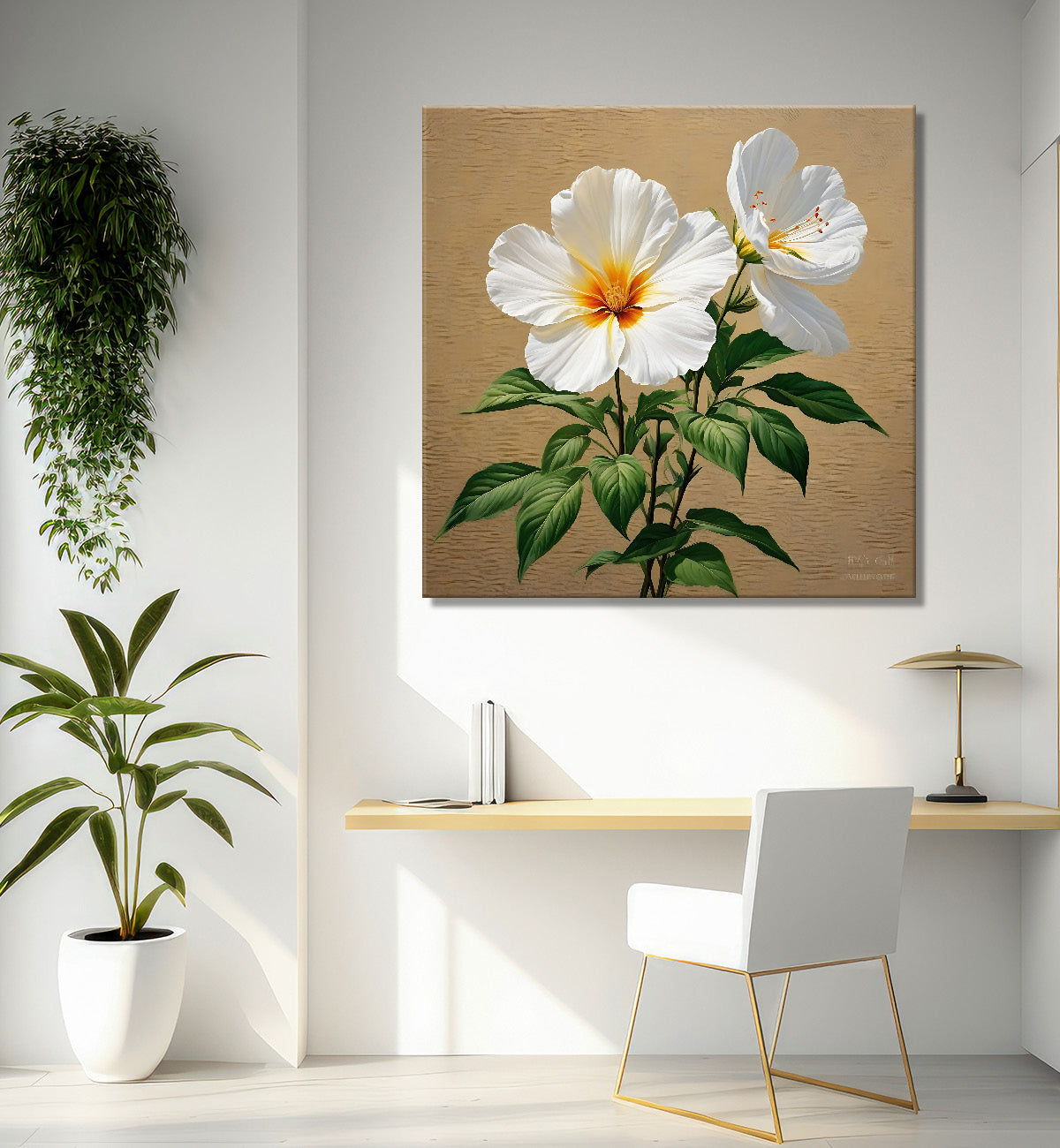 White flowers in light brown textured painting  Flower-S-533