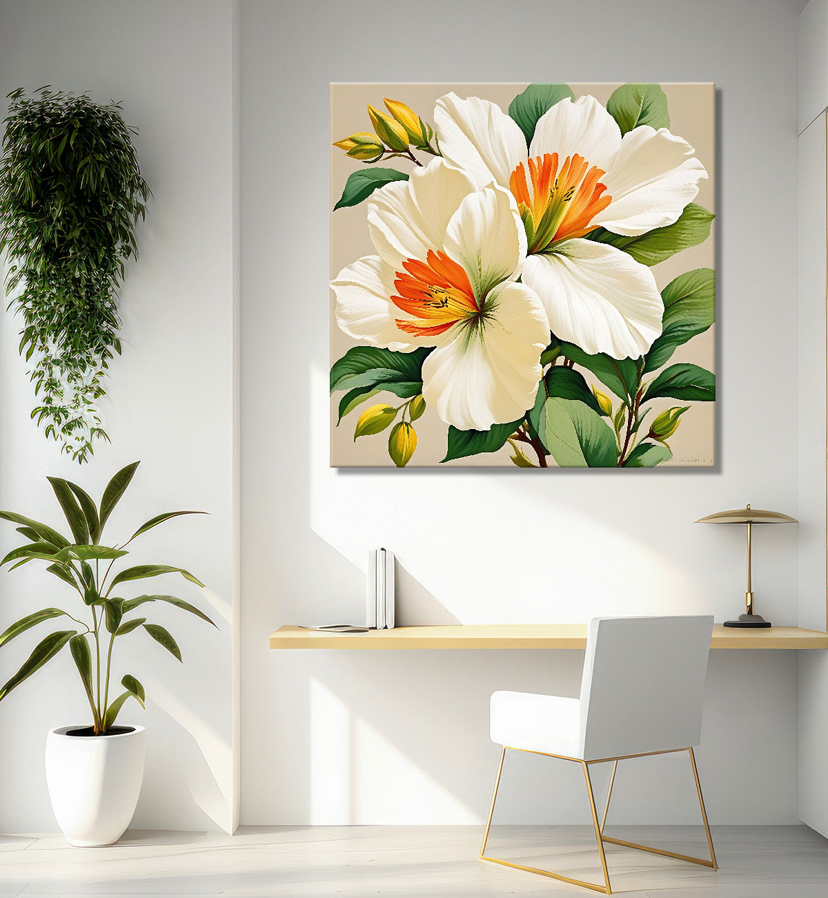 White flowers in light brown textured painting Flower-S-535