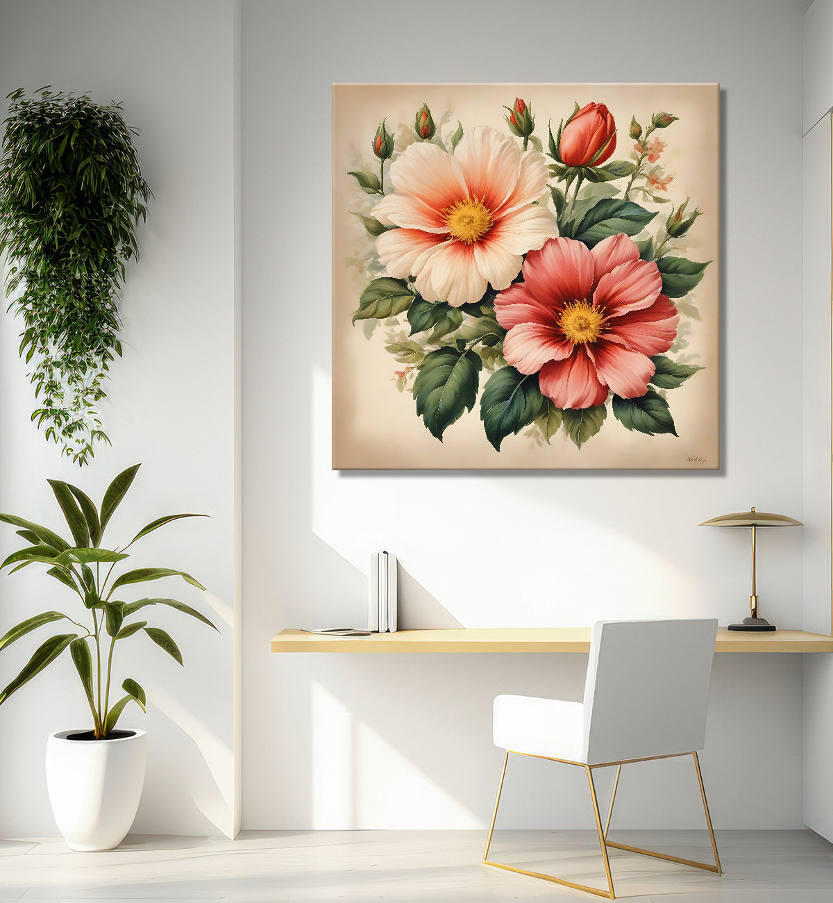 Pink flowers in brown textured painting Flower-S-536