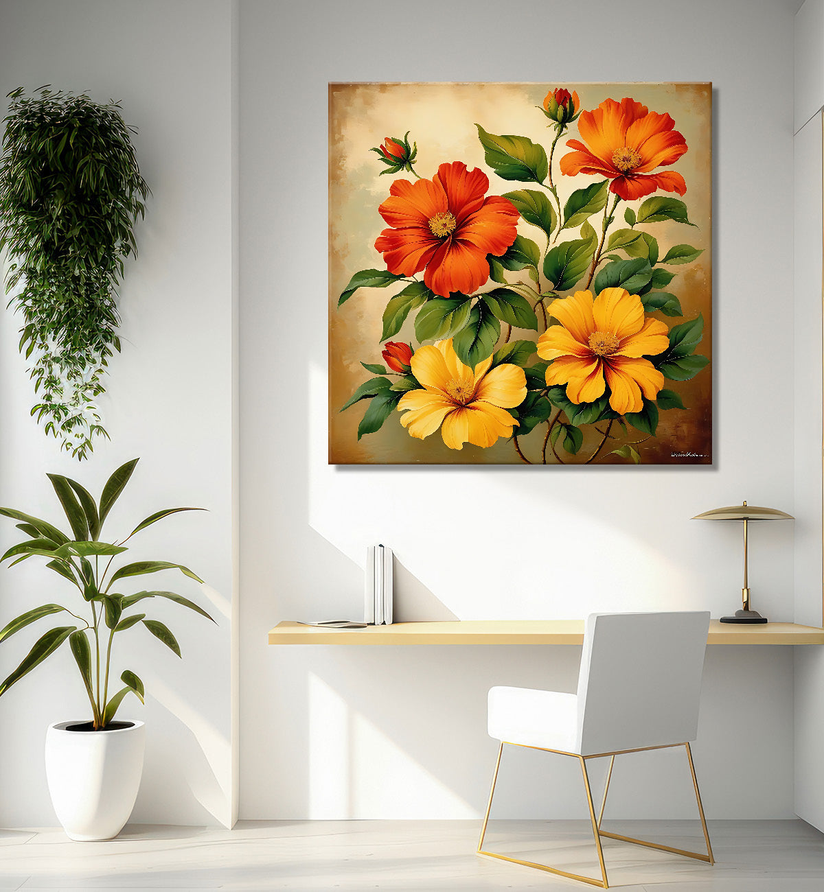 Colourful flowers in brown textured painting Flower-S-542