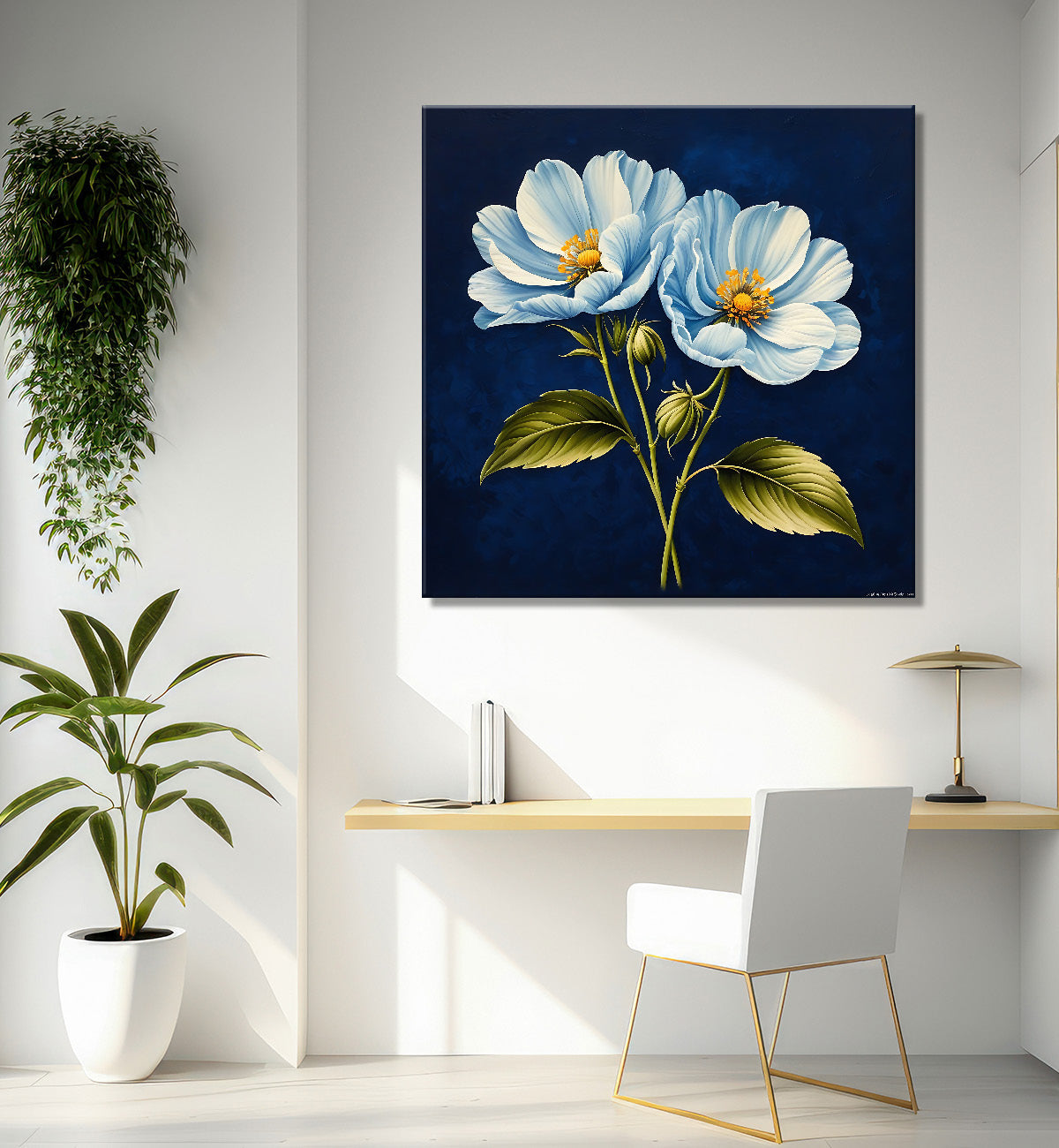 White flowers in navy blue textured painting Flower-S-546