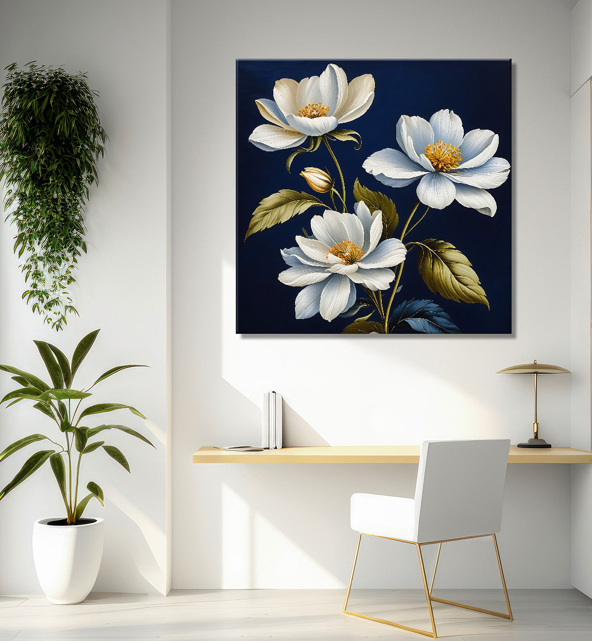 White flowers in navy blue textured painting Flower-S-547