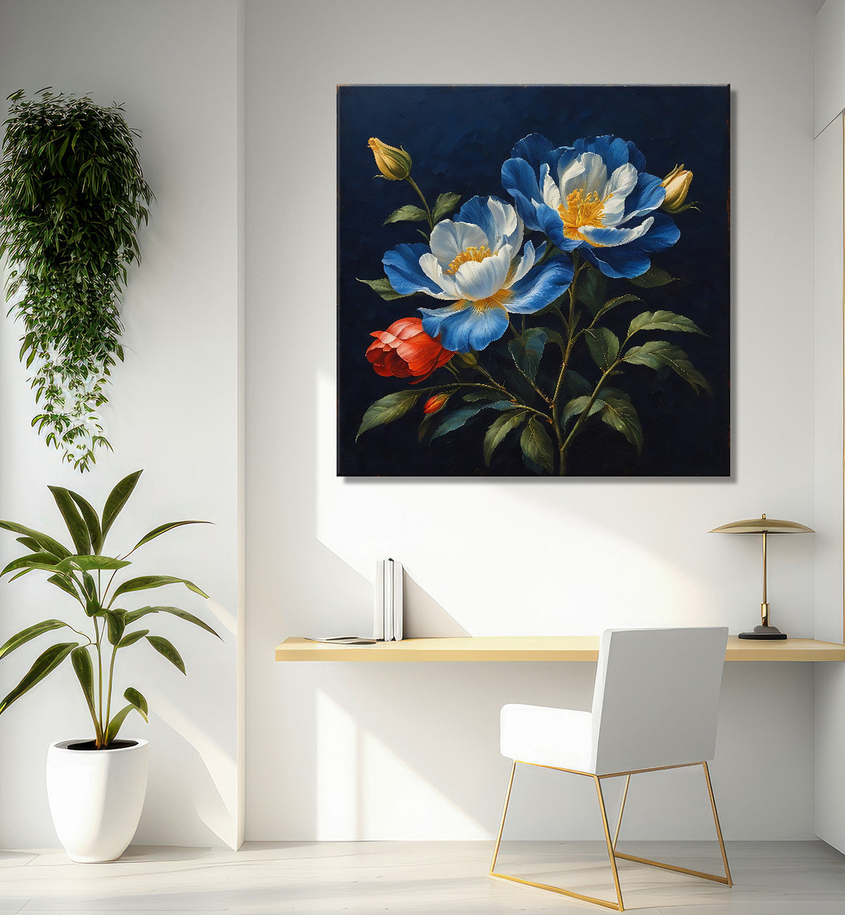White flowers in navy blue textured painting Flower-S-548